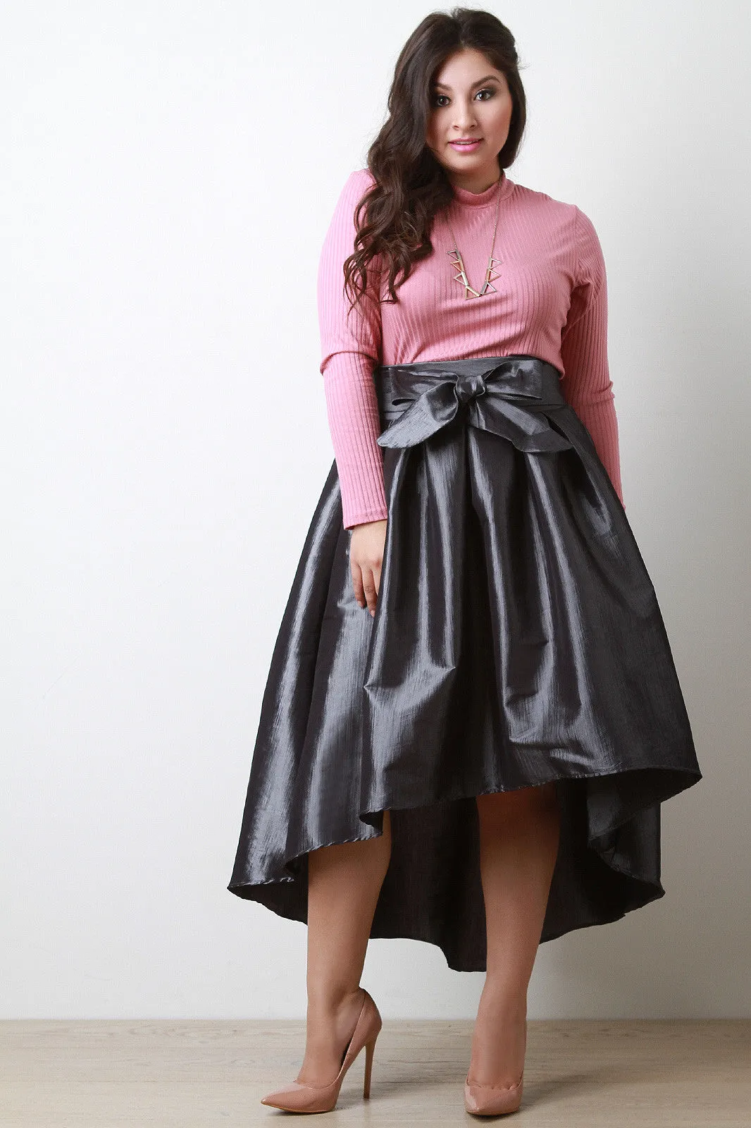 Evening Taffeta Pleated High-Low Midi Skirt