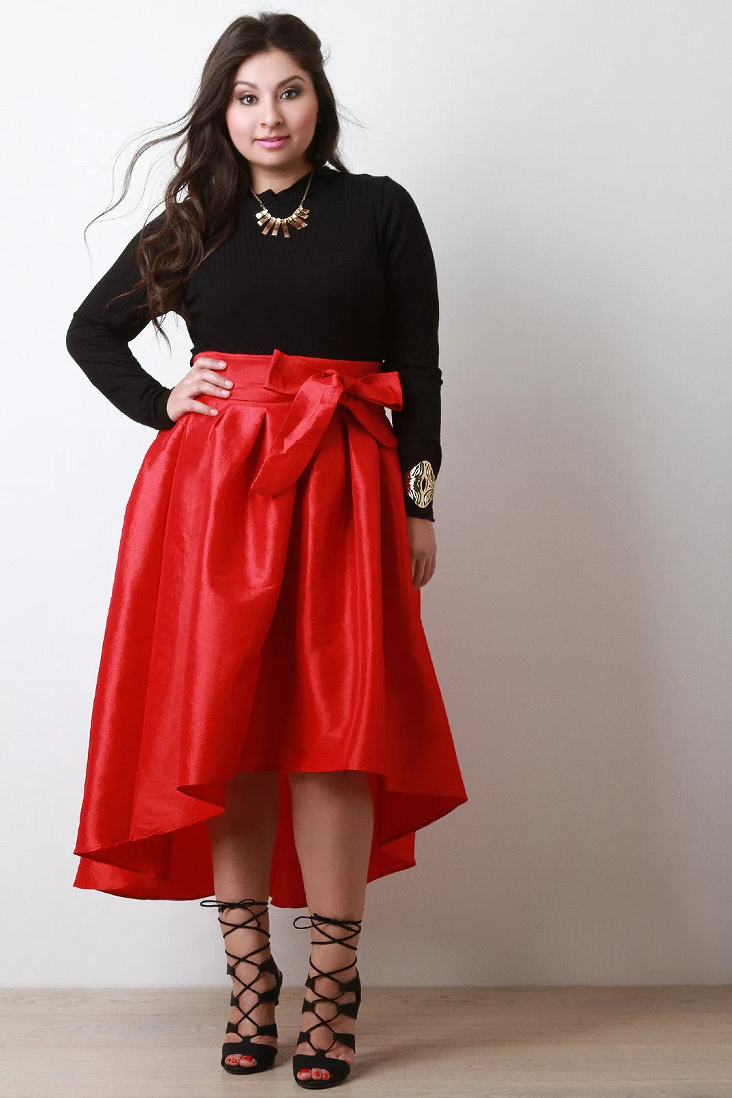 Evening Taffeta Pleated High-Low Midi Skirt