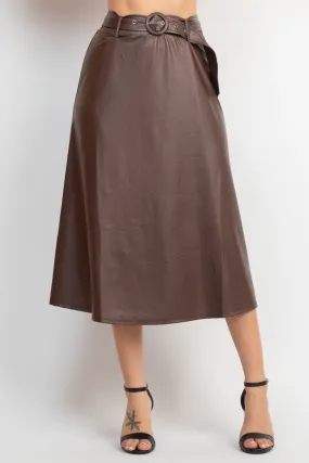 Faux Leather Belted A-line Skirt