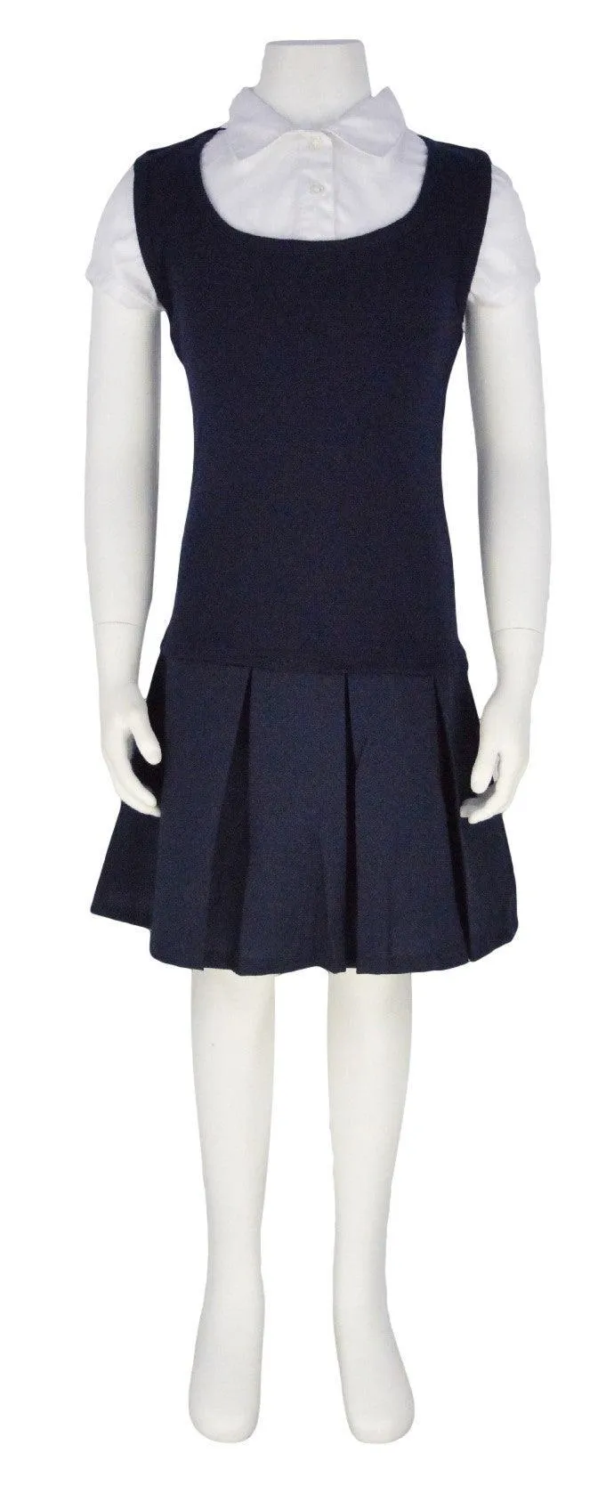 French Toast School Uniform Short Sleeve 2-Fer Pleated Dress - Navy - SZ9201