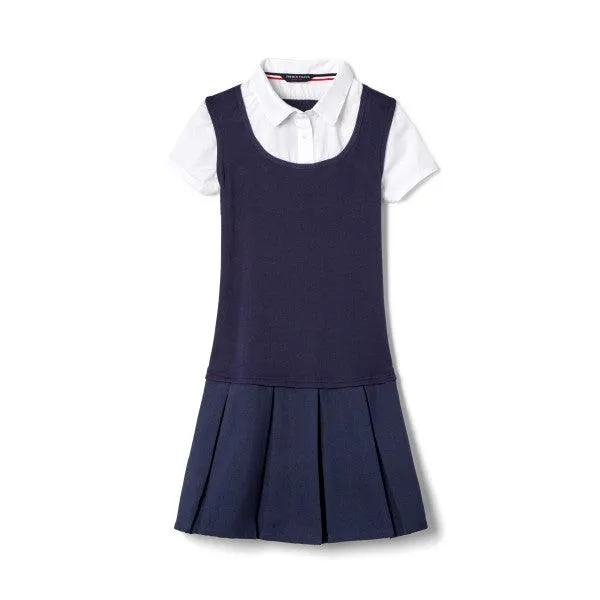 French Toast School Uniform Short Sleeve 2-Fer Pleated Dress - Navy - SZ9201