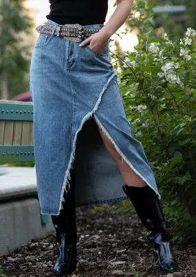 Front Slit Denim Midi Skirt