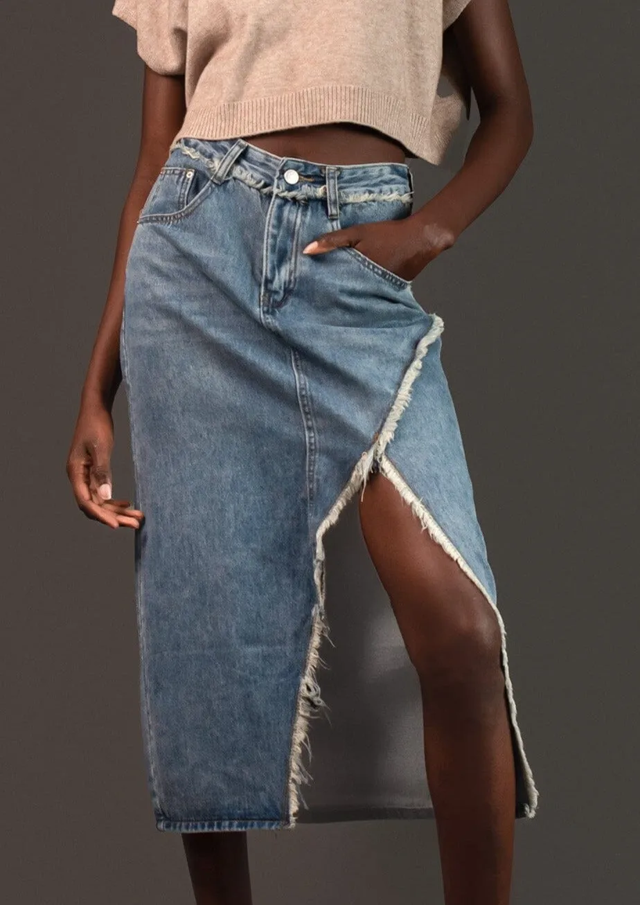 Front Slit Denim Midi Skirt