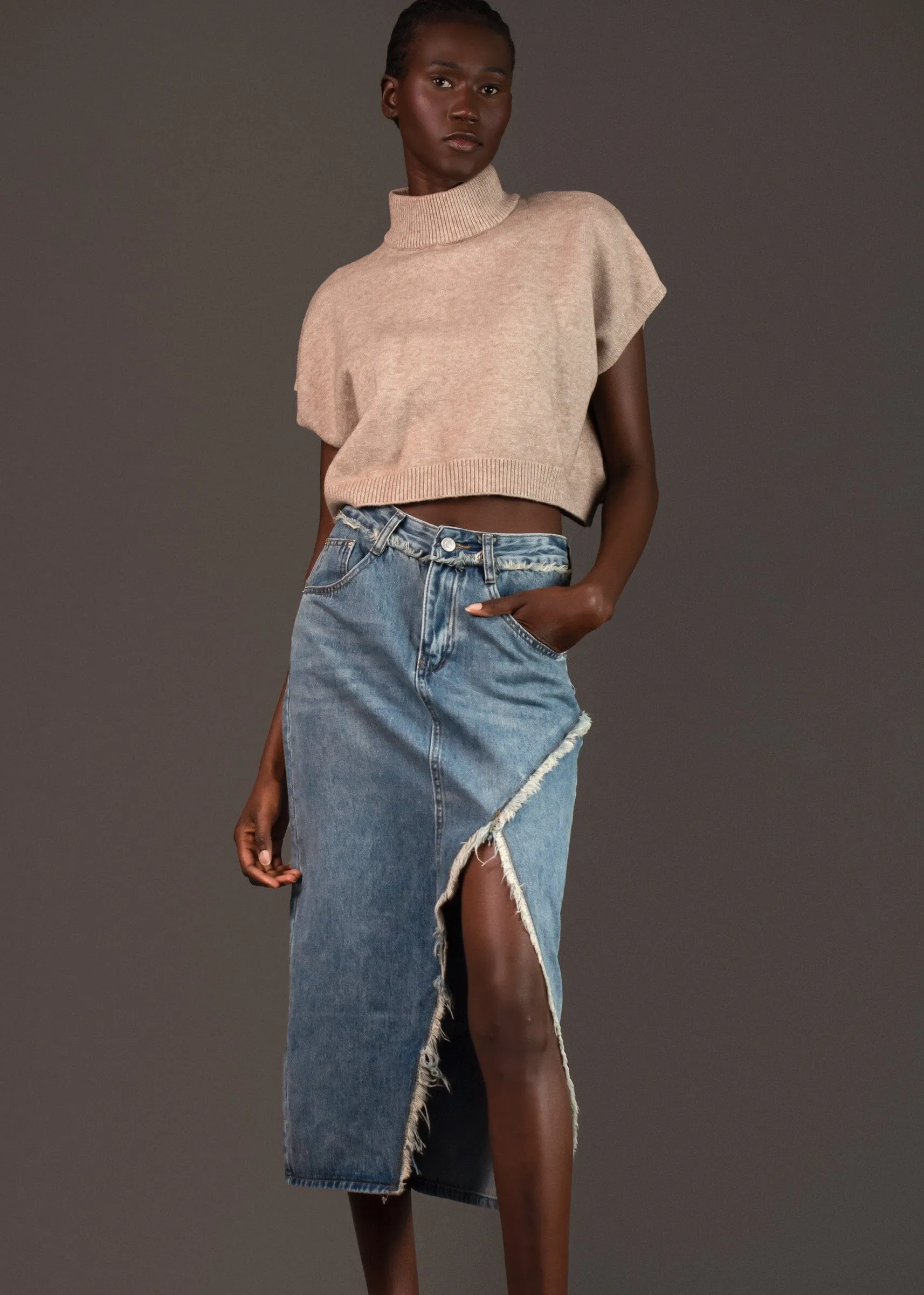 Front Slit Denim Midi Skirt