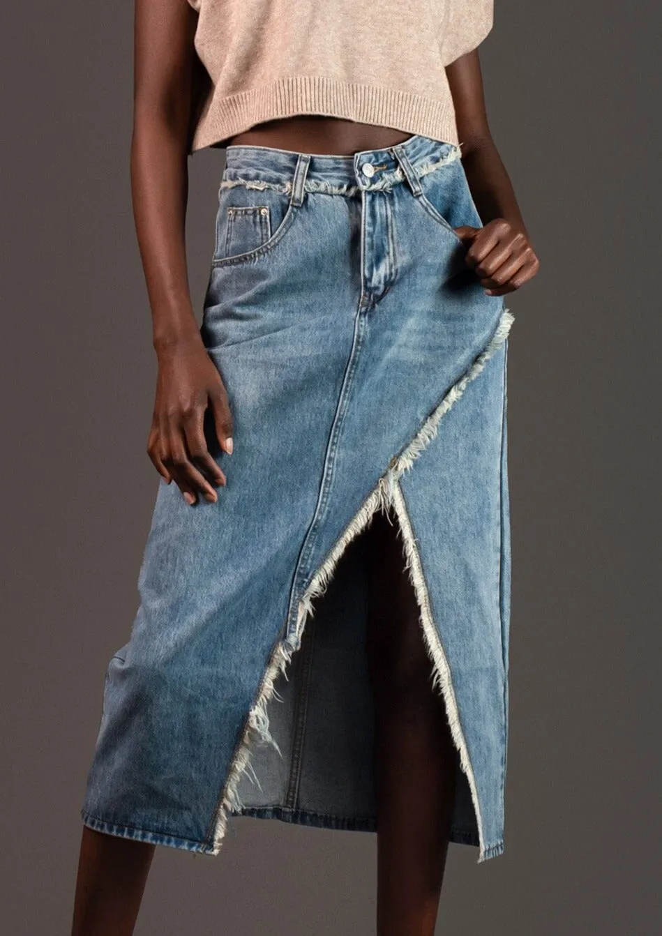 Front Slit Denim Midi Skirt