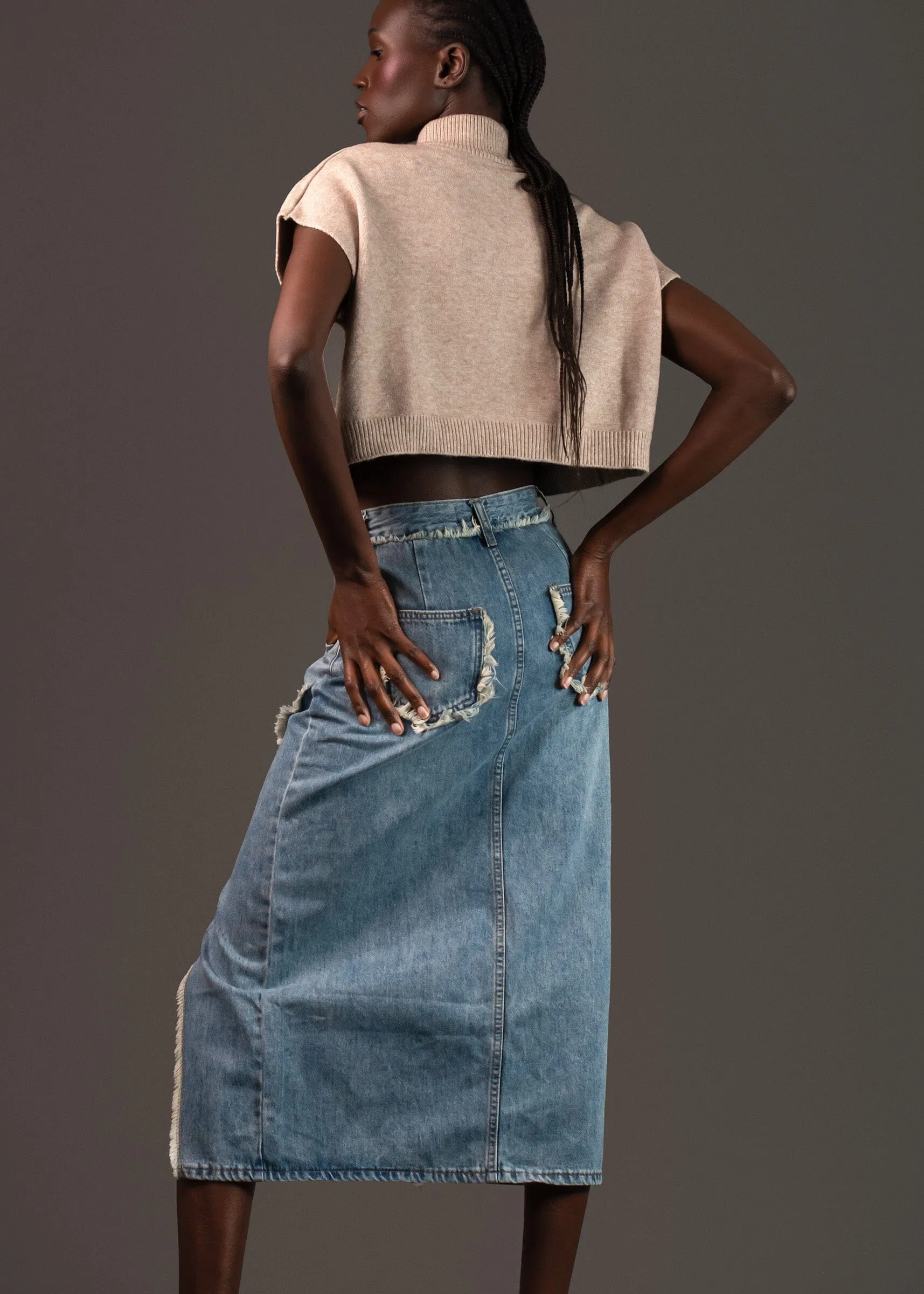 Front Slit Denim Midi Skirt