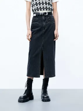 Front Slit Midi Denim Skirt