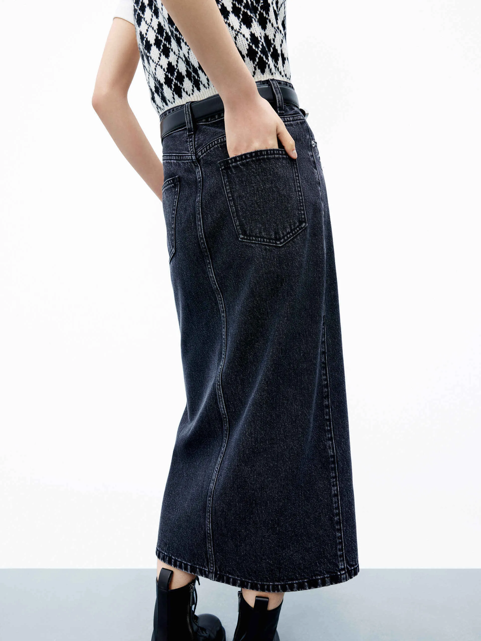 Front Slit Midi Denim Skirt