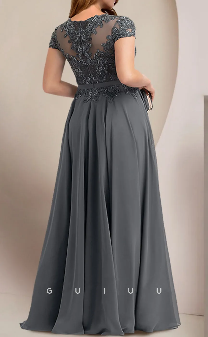 GM045 - Plus Size A-Line Floor Length Short Sleeves Pleated Appliques Chiffon Mother of the Bride Dress