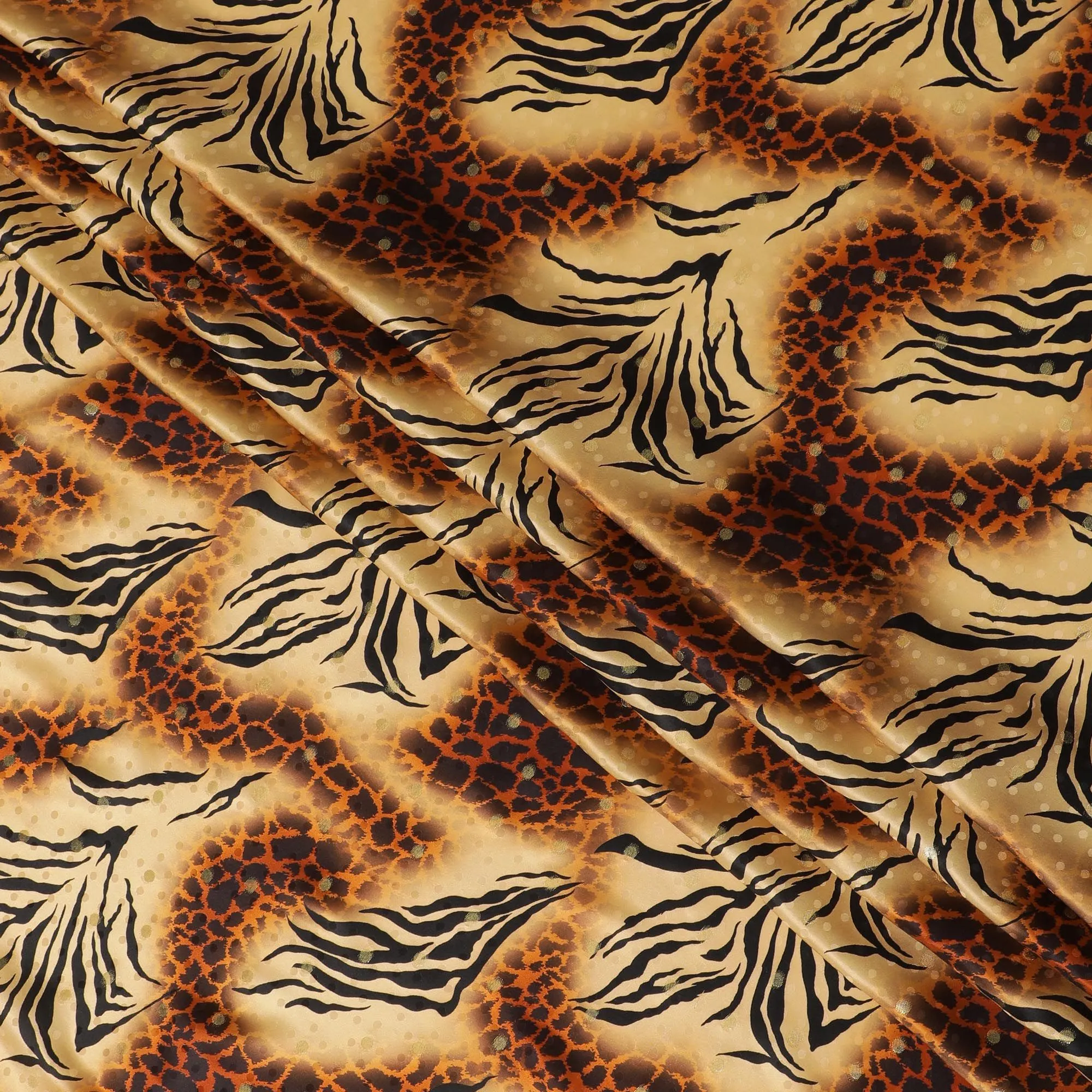 Gold Premium pure silk satin fabric with rusty orange, black print having gold metallic lurex in animal skin design-D17071