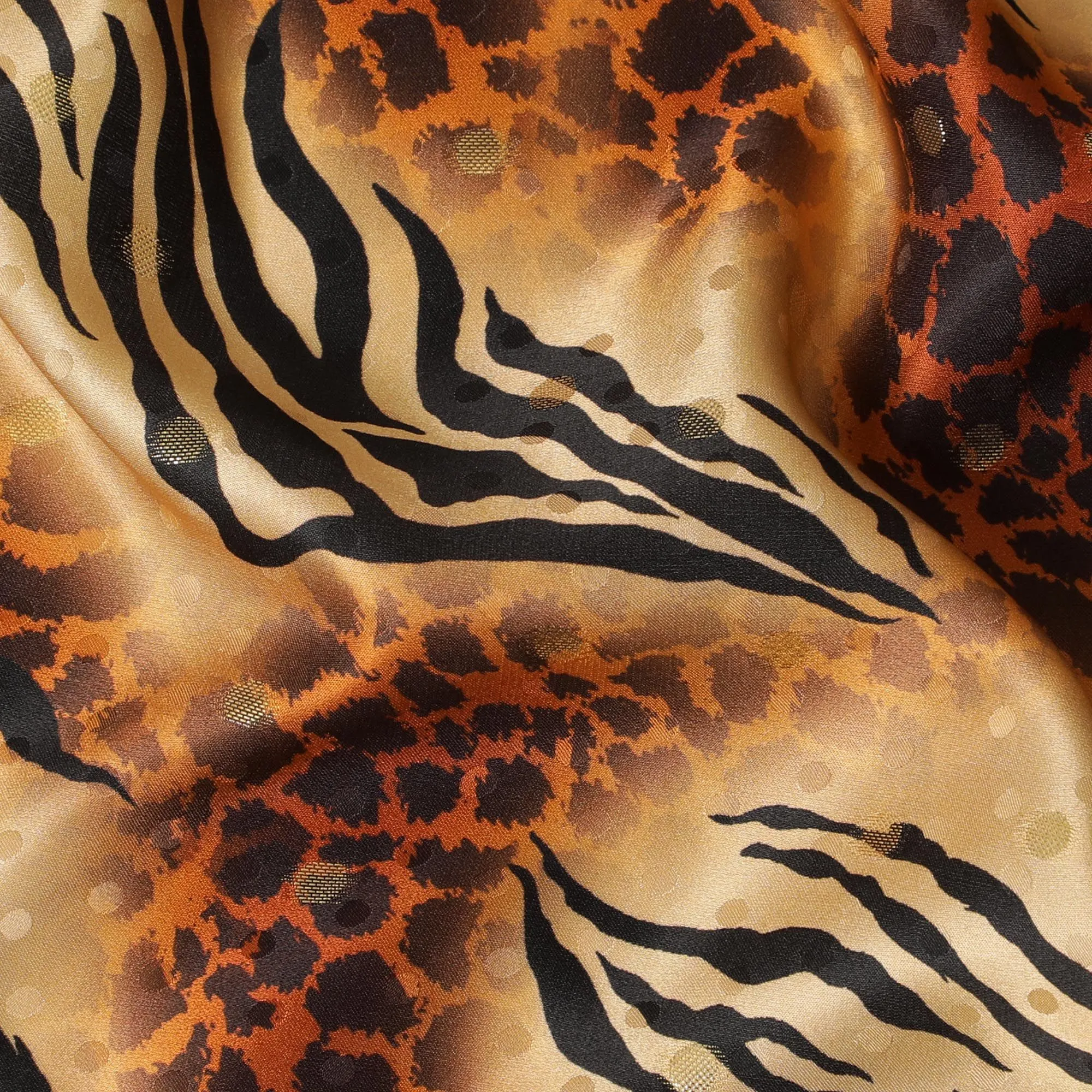 Gold Premium pure silk satin fabric with rusty orange, black print having gold metallic lurex in animal skin design-D17071