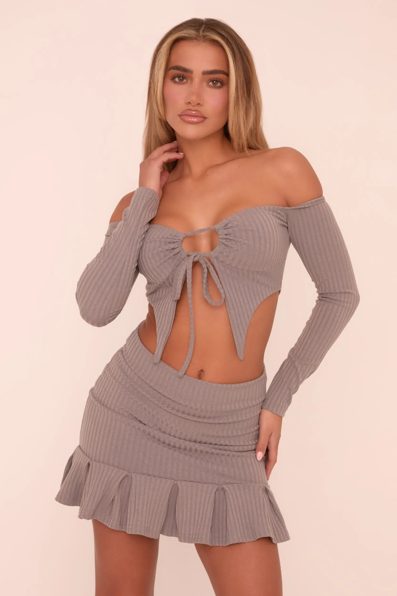 Grey Rib Knit Bardot Cropped Top & Pleat Detail Mini Skirt Co-ord Set - Yancy