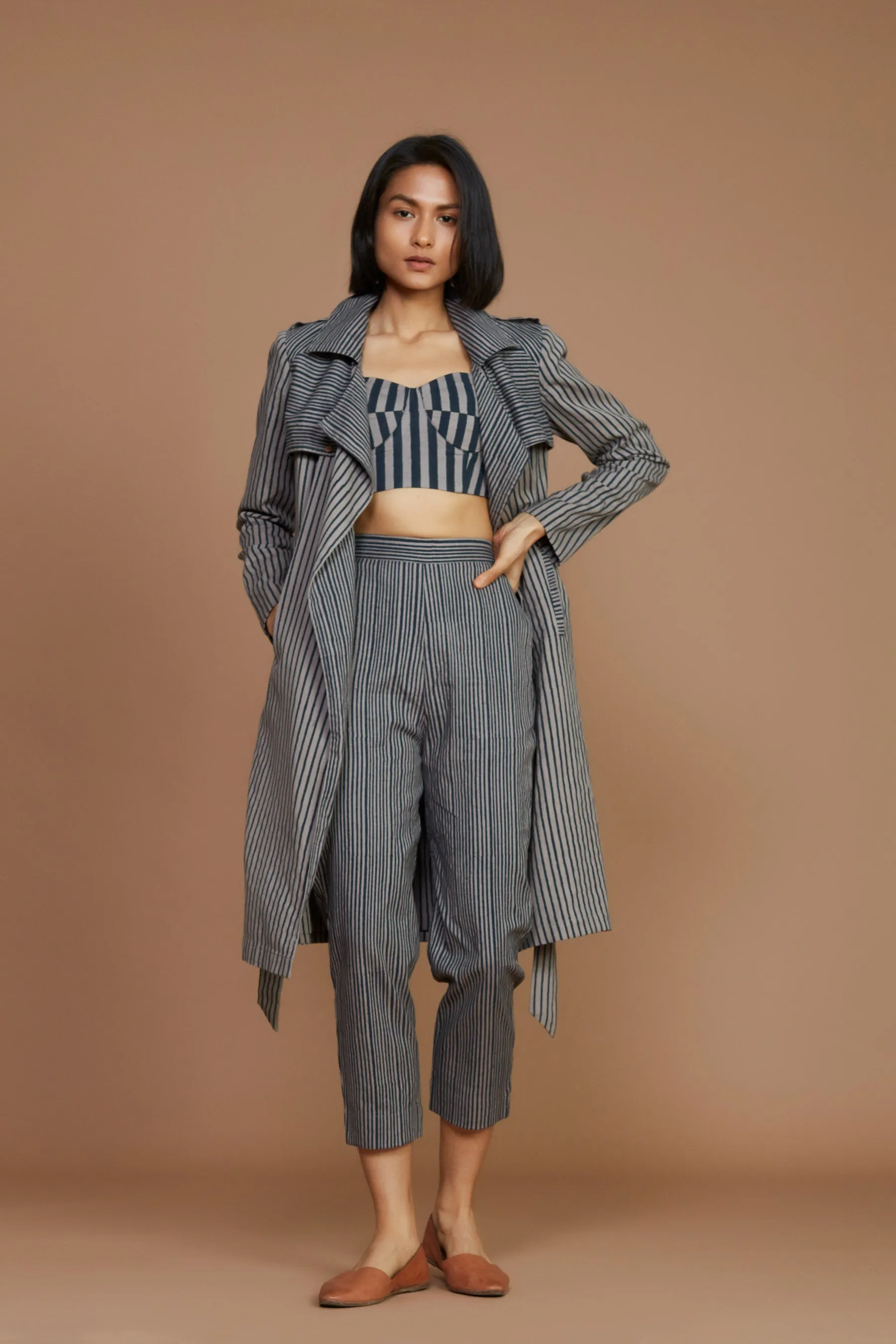 Grey With Charcoal Striped Trench Jacket