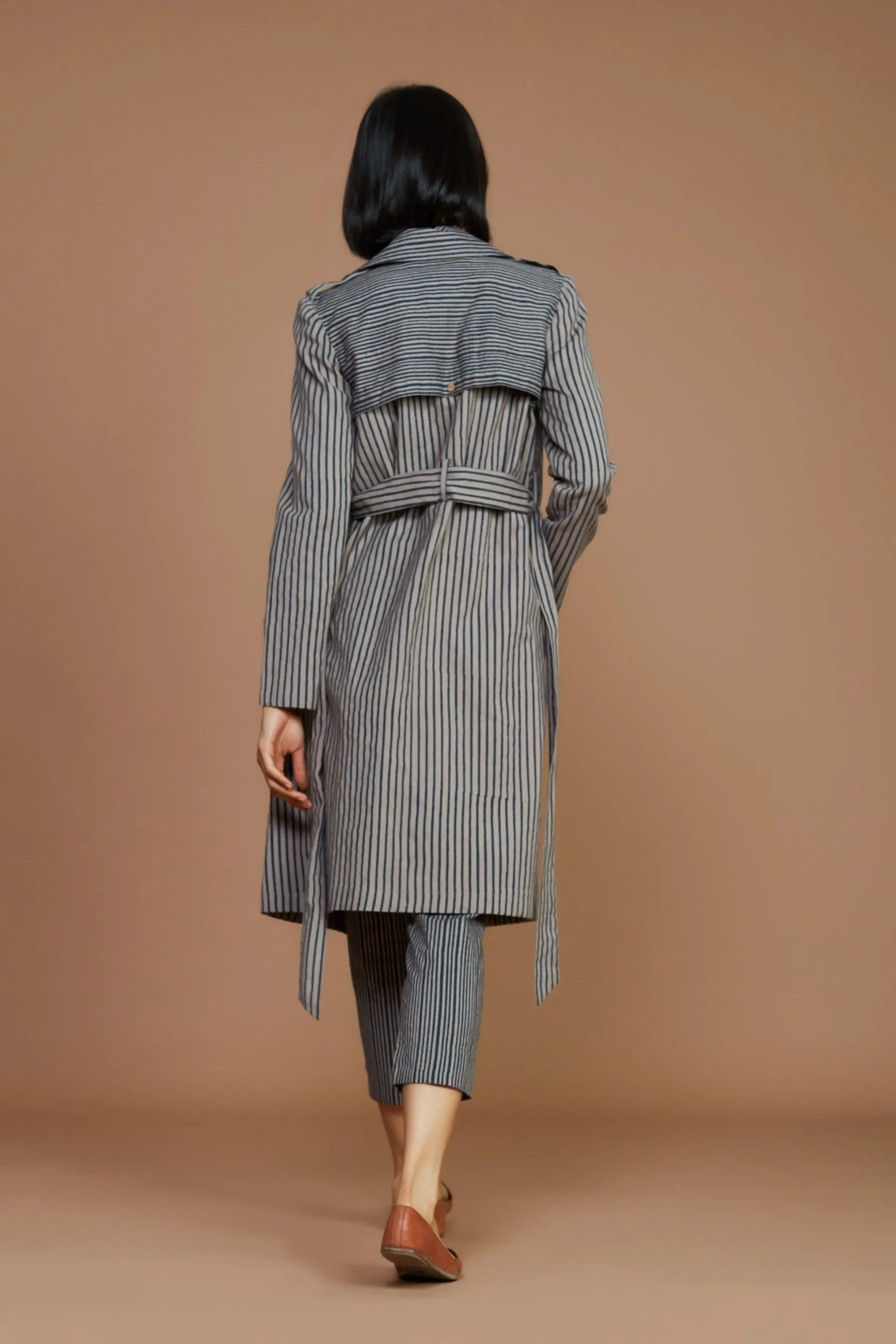 Grey With Charcoal Striped Trench Jacket