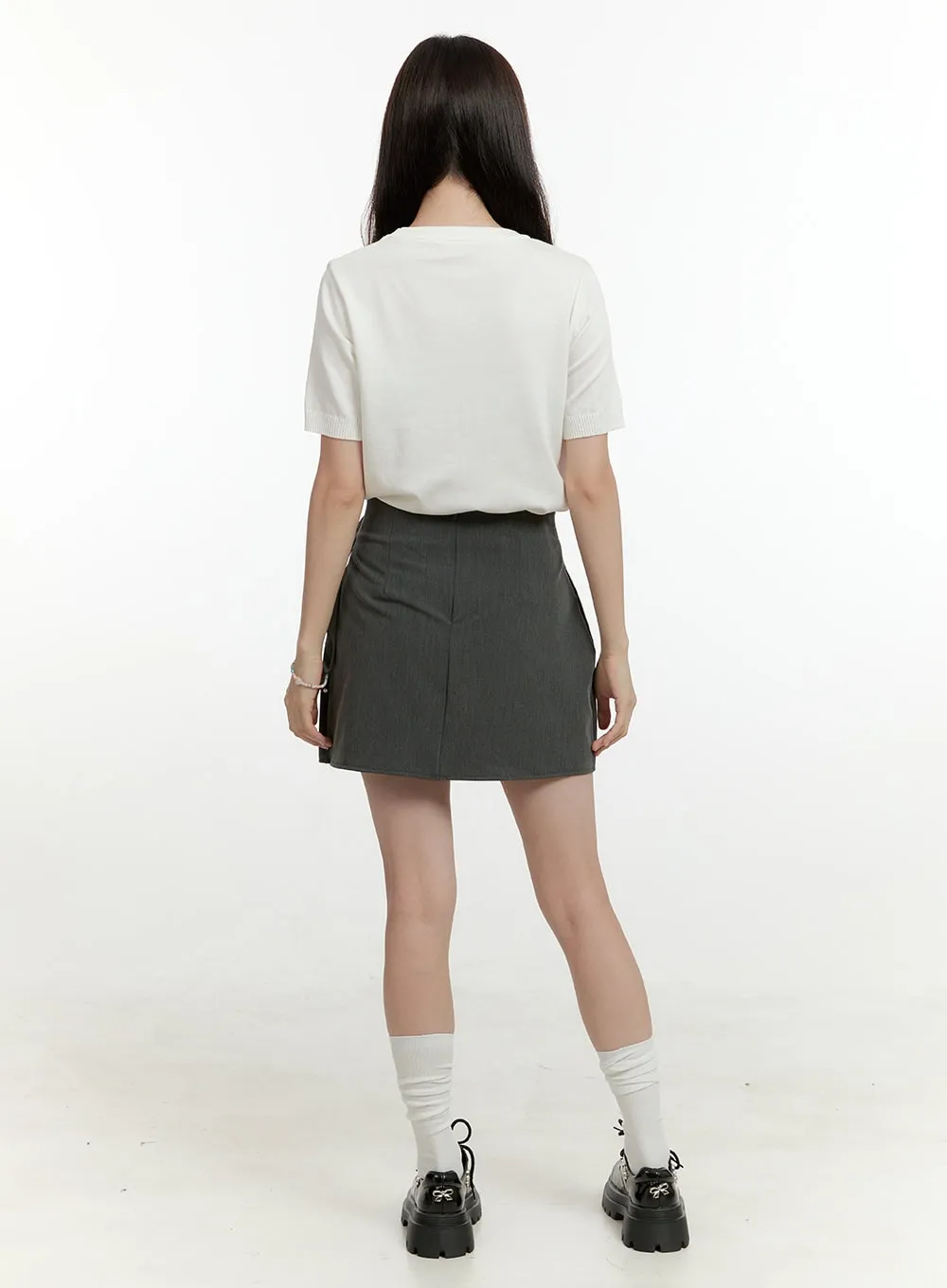 Half Pleated Belted Mini Skirt OL423