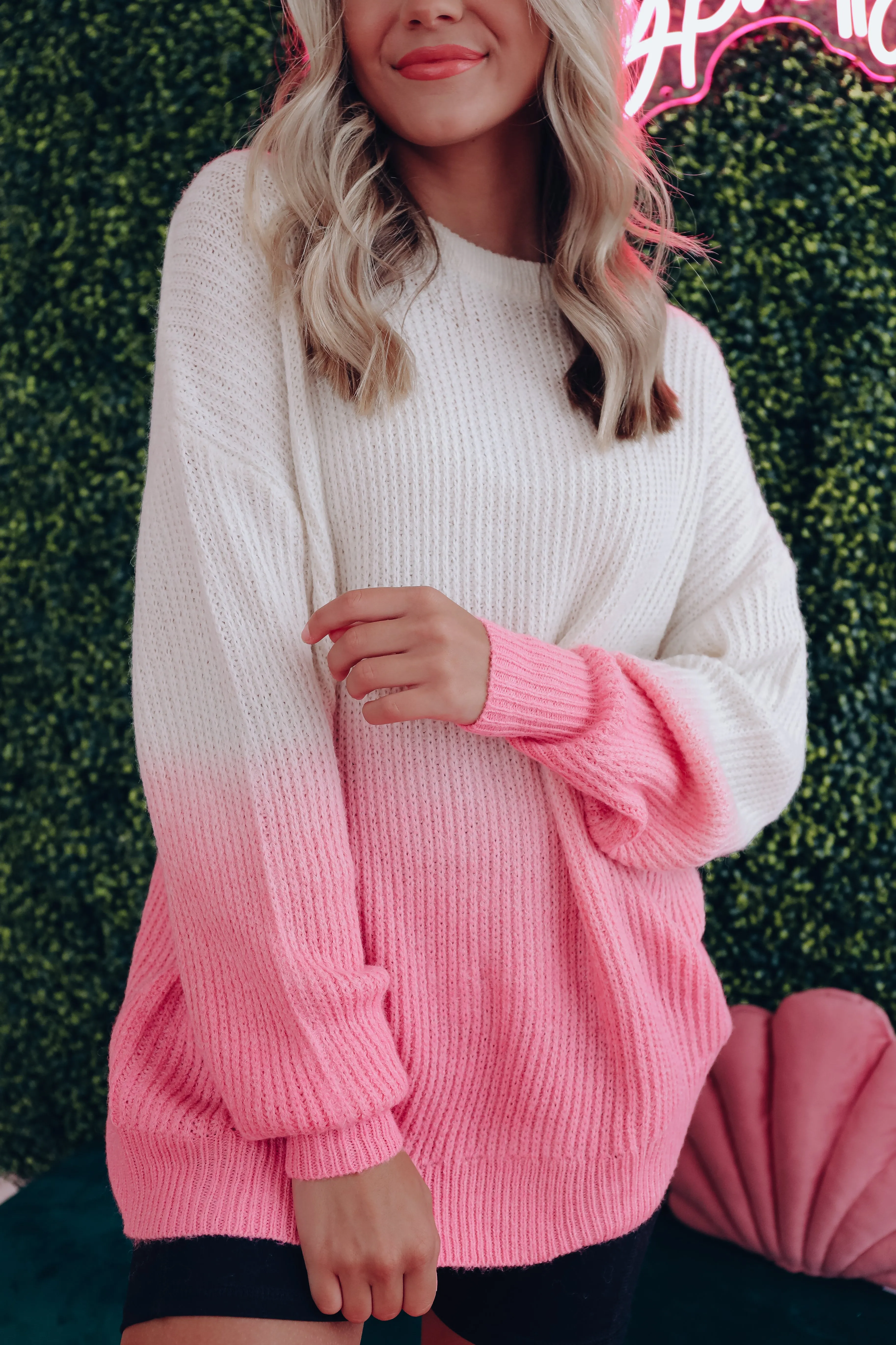 Hattie Ombre Crew Neck Sweater - Ivory/Pink