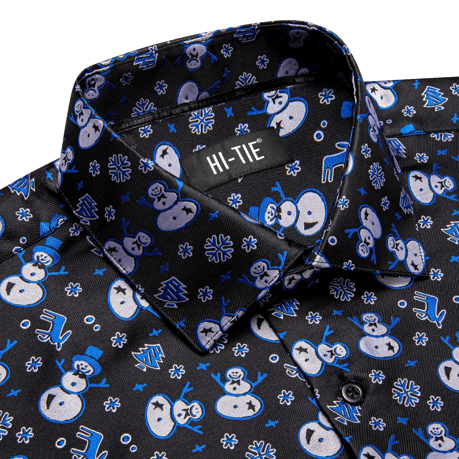 Hi-Tie Blue Shirt Black Blue Snowman Men Long Sleeve Shirt Christmas