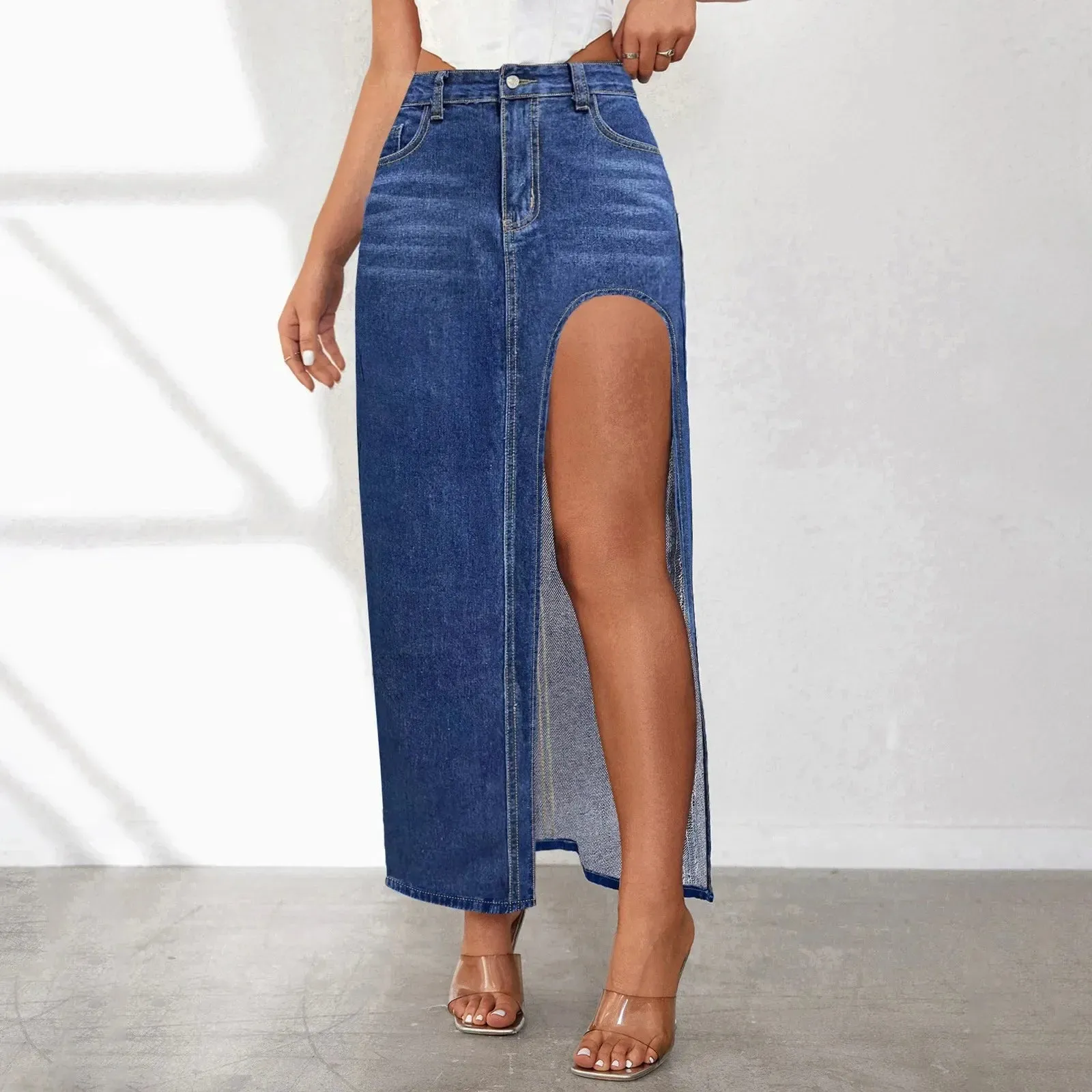 High Split Denim Solid High Waist Bodycon Style Jean Midi Summer Sexy Skirt