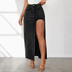 High Split Denim Solid High Waist Bodycon Style Jean Midi Summer Sexy Skirt