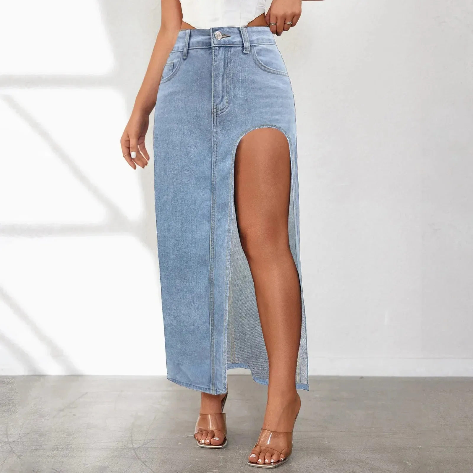 High Split Denim Solid High Waist Bodycon Style Jean Midi Summer Sexy Skirt