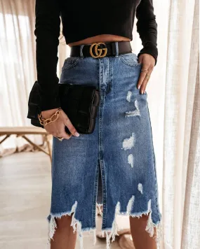 High Waist Distressed Split Daily Denim Midi Skirt SKS6697