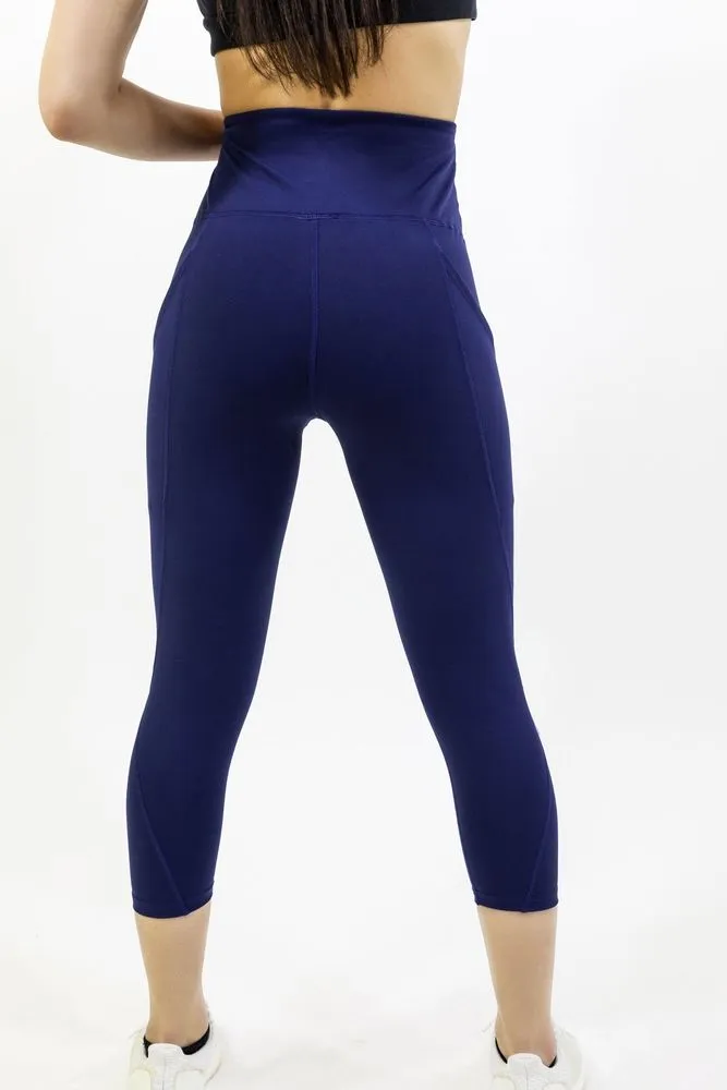 High Waisted Yoga Capri Leggings - Navy Blue