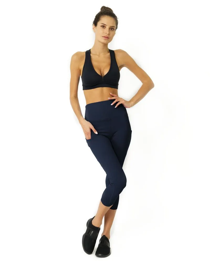 High Waisted Yoga Capri Leggings - Navy Blue