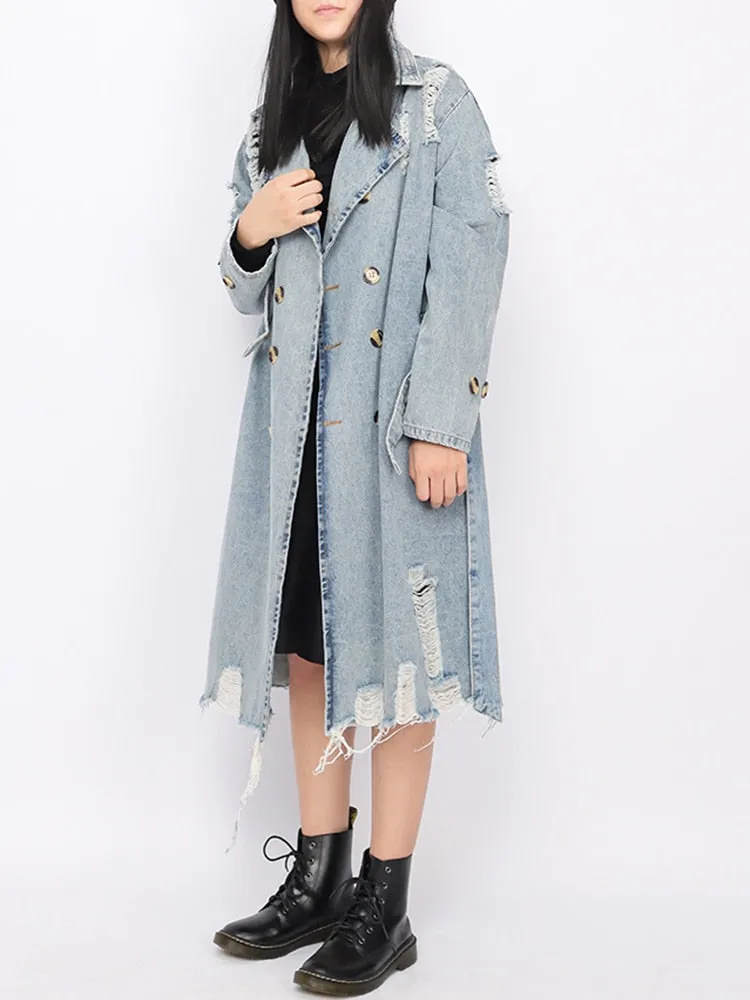 Hole Hollow Out Denim Trench Coat For Women Lapel Long Sleeve Double Breasted Solid Coats Female Clothing