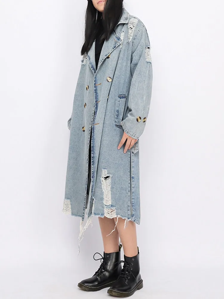 Hole Hollow Out Denim Trench Coat For Women Lapel Long Sleeve Double Breasted Solid Coats Female Clothing