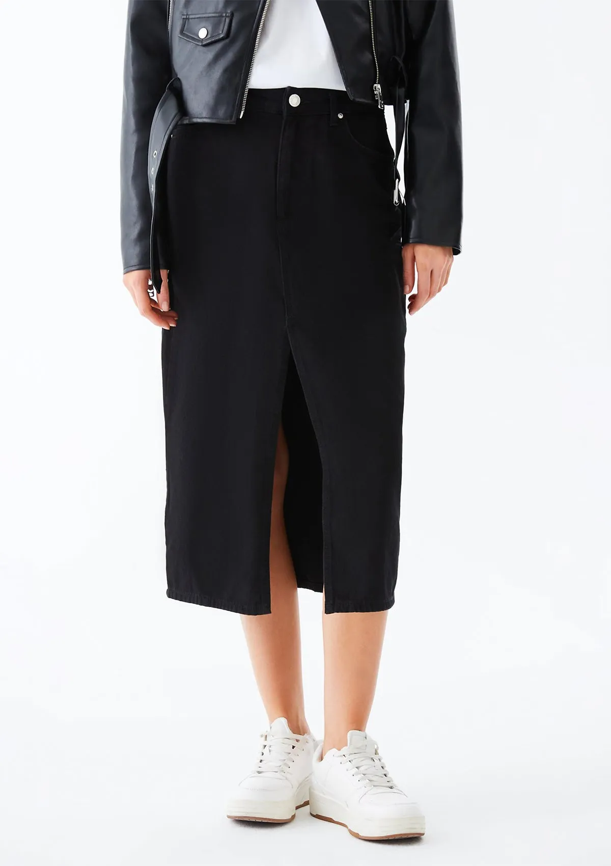 Irene Black Slit Midi Jean Skirt