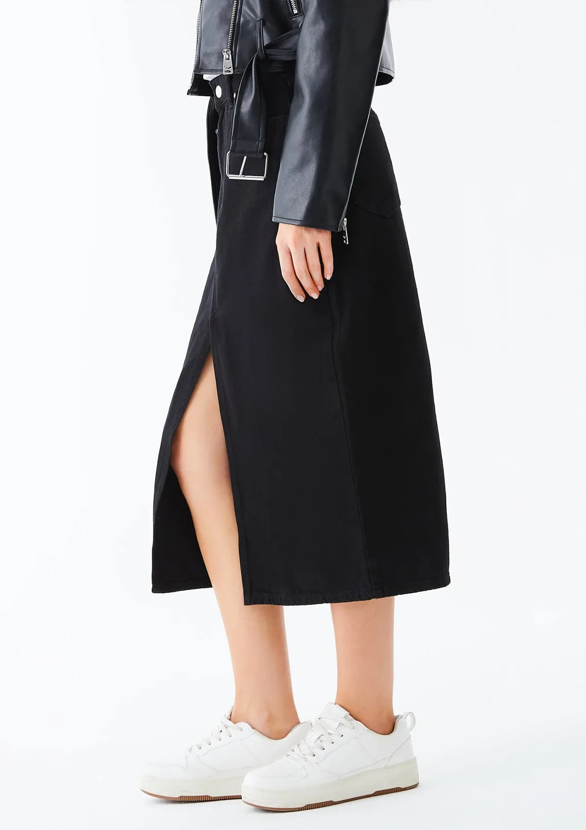 Irene Black Slit Midi Jean Skirt