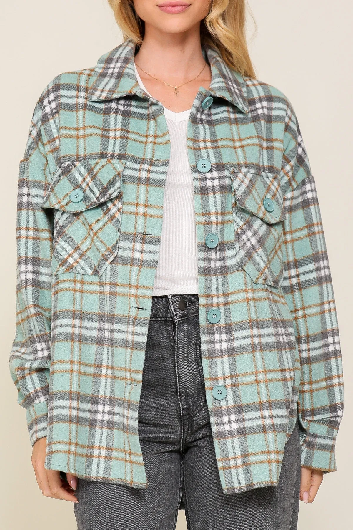 Jade Long Sleeve Button Down Plaid Shacket