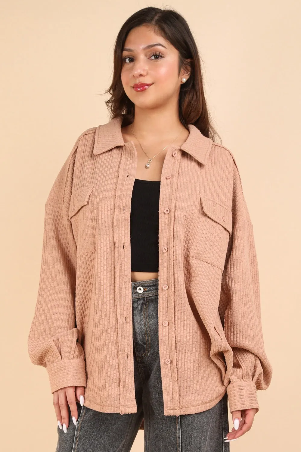 Karmel Blush Button Down Textured Knit Shacket