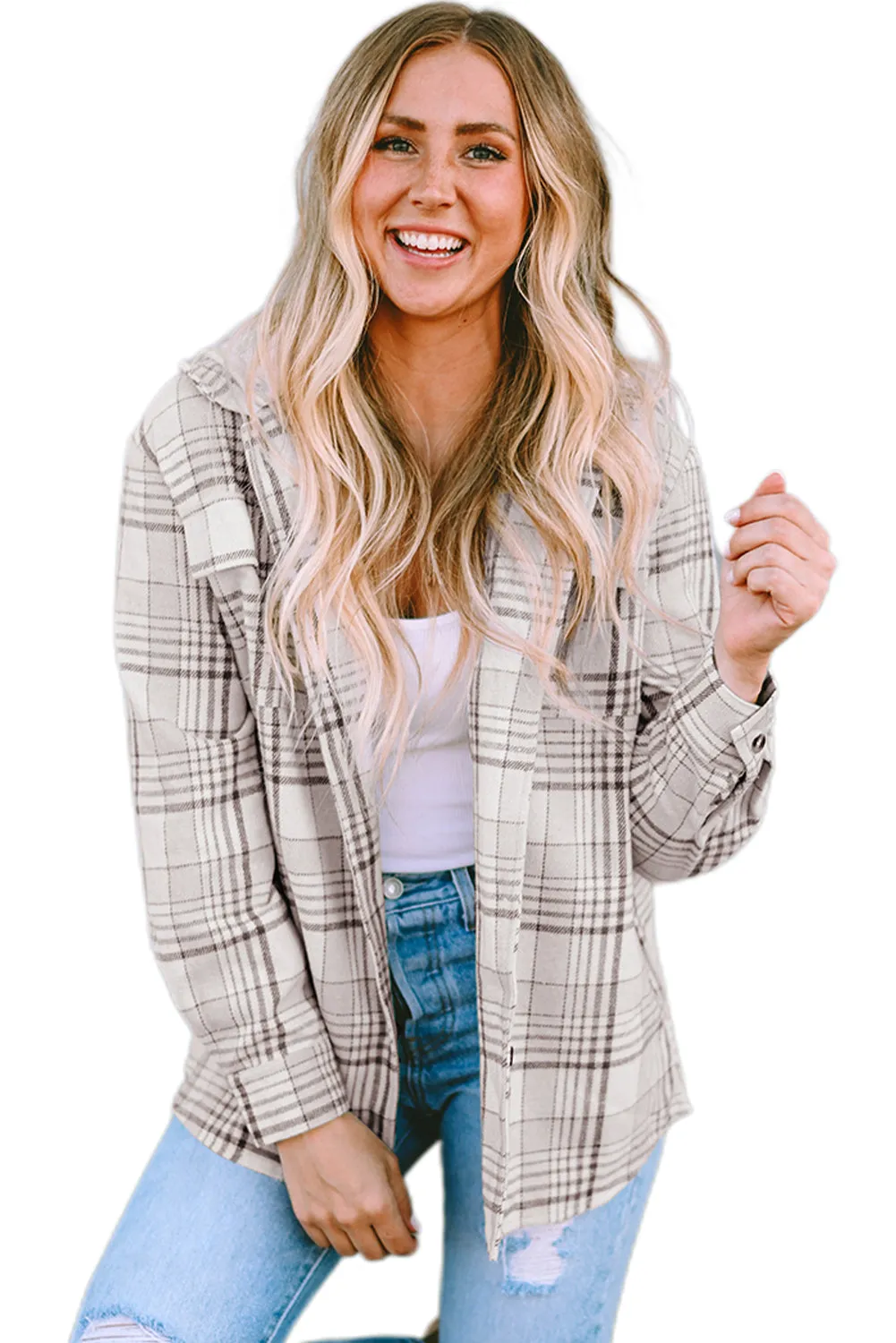 Khaki Plaid Removable Hood Buttoned Shacket