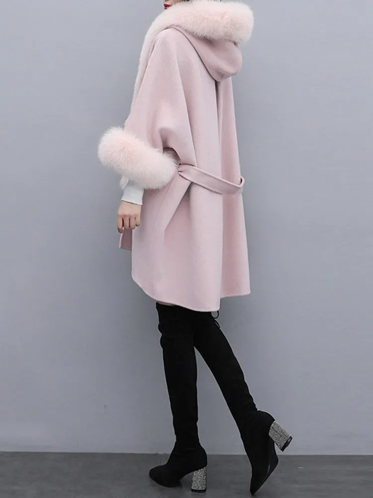 Korean Winter Cloak Trench Coat For Women V Neck Long Sleeve Solid Minimalist Patchwork Coats Female Clothing Style