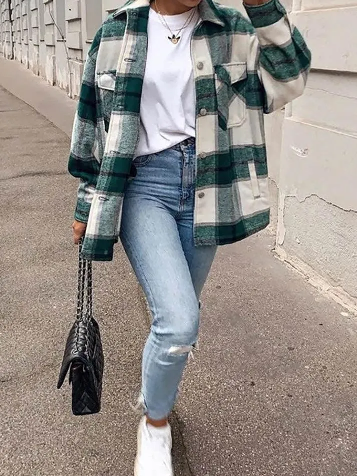 LANFUBEISI - Vintage Pockets Oversized Plaid Shacket