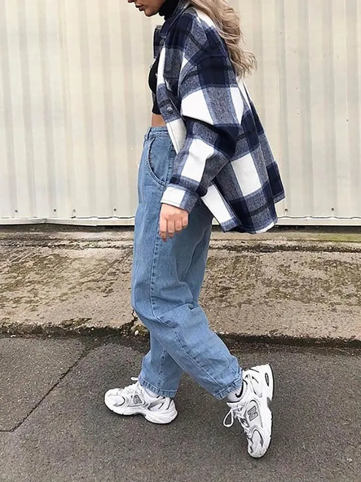 LANFUBEISI - Vintage Pockets Oversized Plaid Shacket