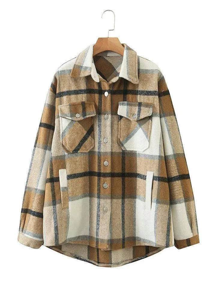 LANFUBEISI - Vintage Pockets Oversized Plaid Shacket