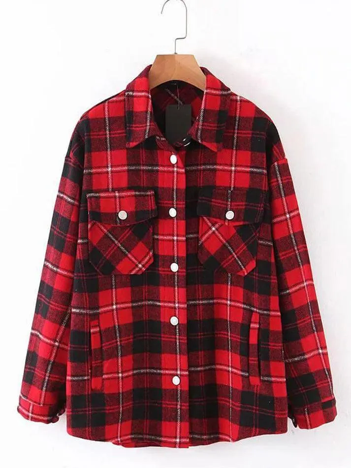 LANFUBEISI - Vintage Pockets Oversized Plaid Shacket