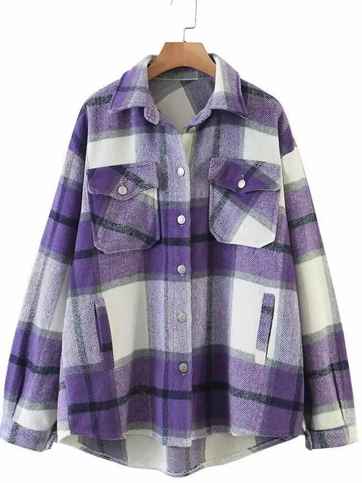 LANFUBEISI - Vintage Pockets Oversized Plaid Shacket