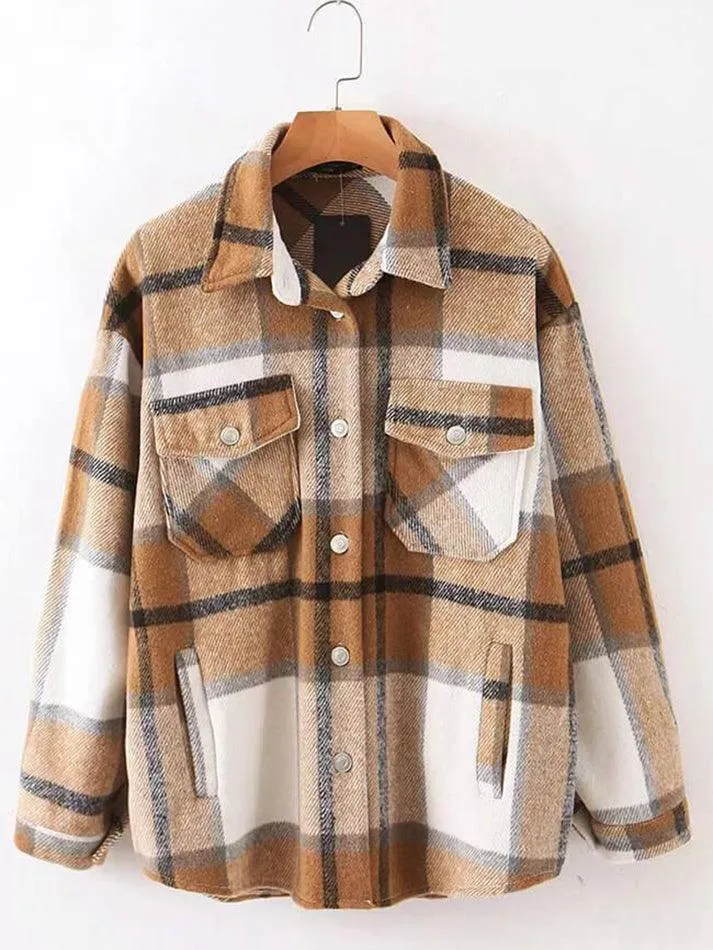 LANFUBEISI - Vintage Pockets Oversized Plaid Shacket