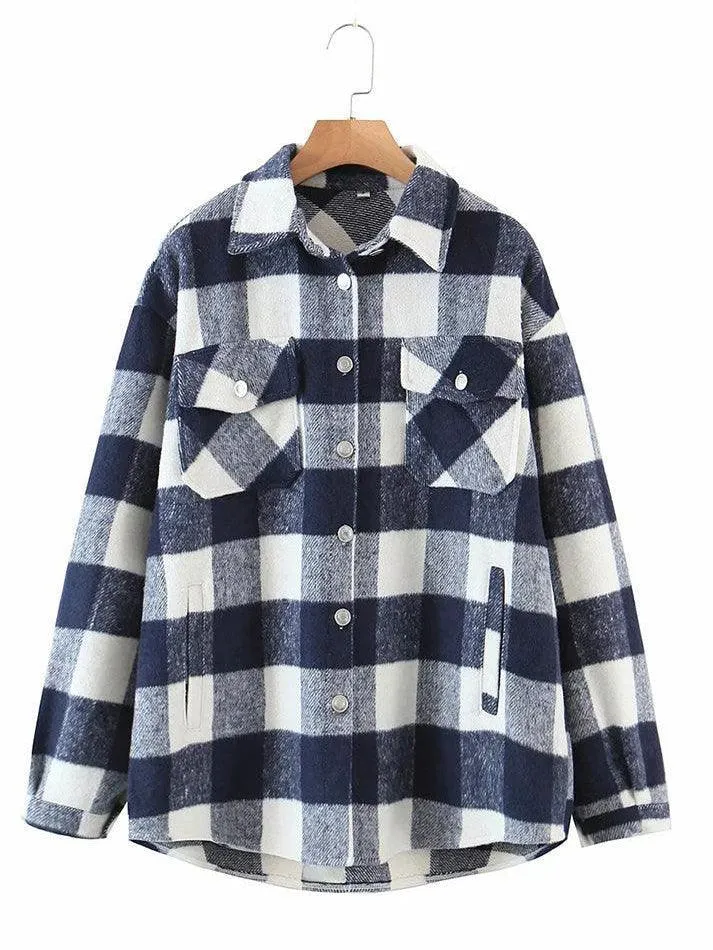 LANFUBEISI - Vintage Pockets Oversized Plaid Shacket