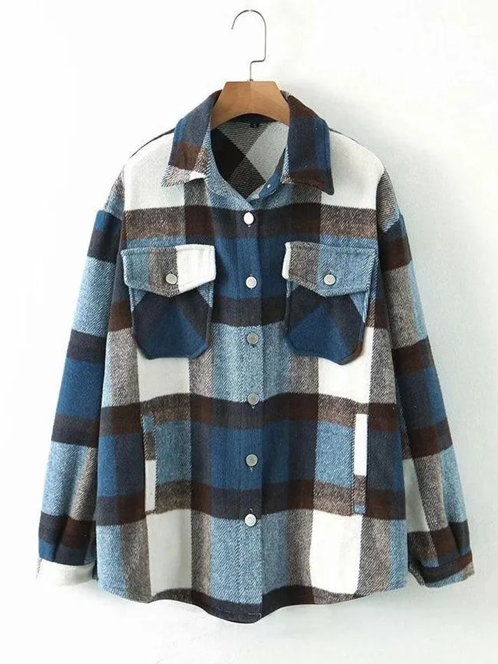 LANFUBEISI - Vintage Pockets Oversized Plaid Shacket