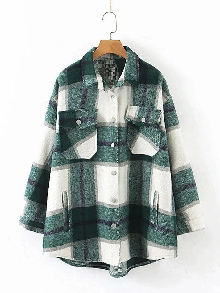 LANFUBEISI - Vintage Pockets Oversized Plaid Shacket