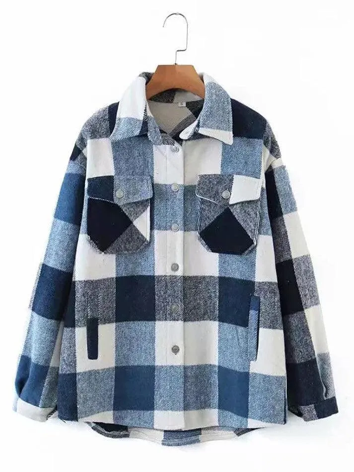 LANFUBEISI - Vintage Pockets Oversized Plaid Shacket