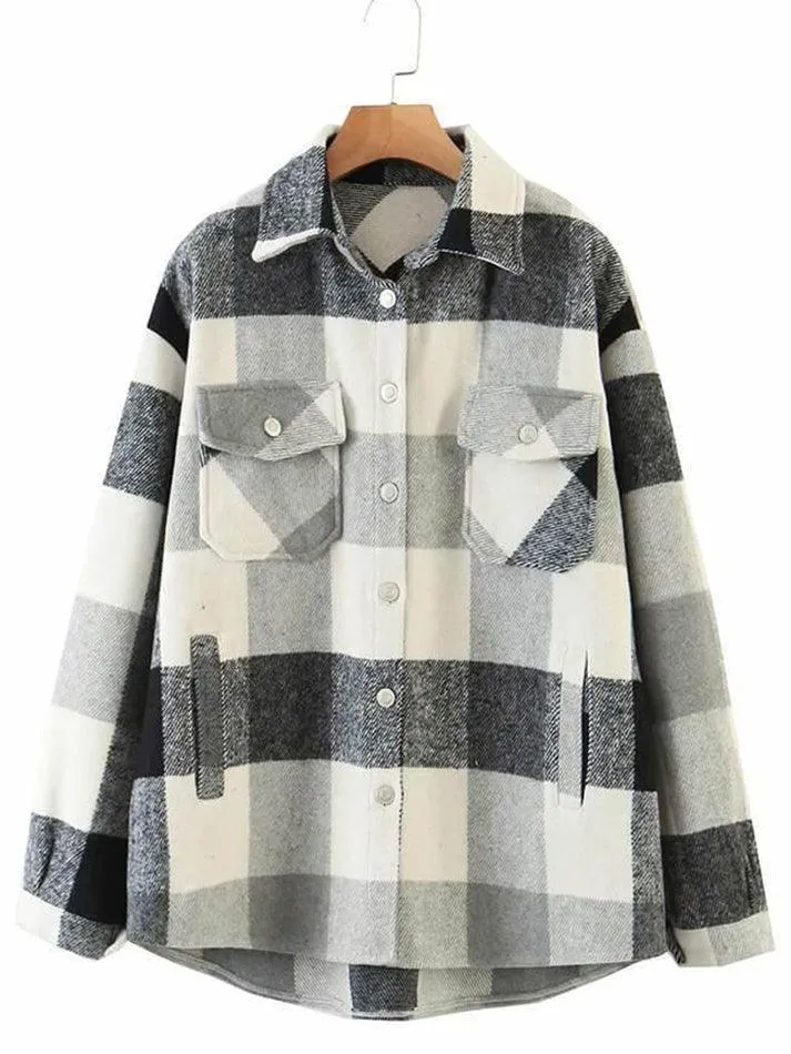 LANFUBEISI - Vintage Pockets Oversized Plaid Shacket