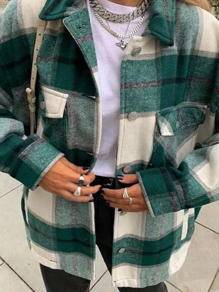 LANFUBEISI - Vintage Pockets Oversized Plaid Shacket