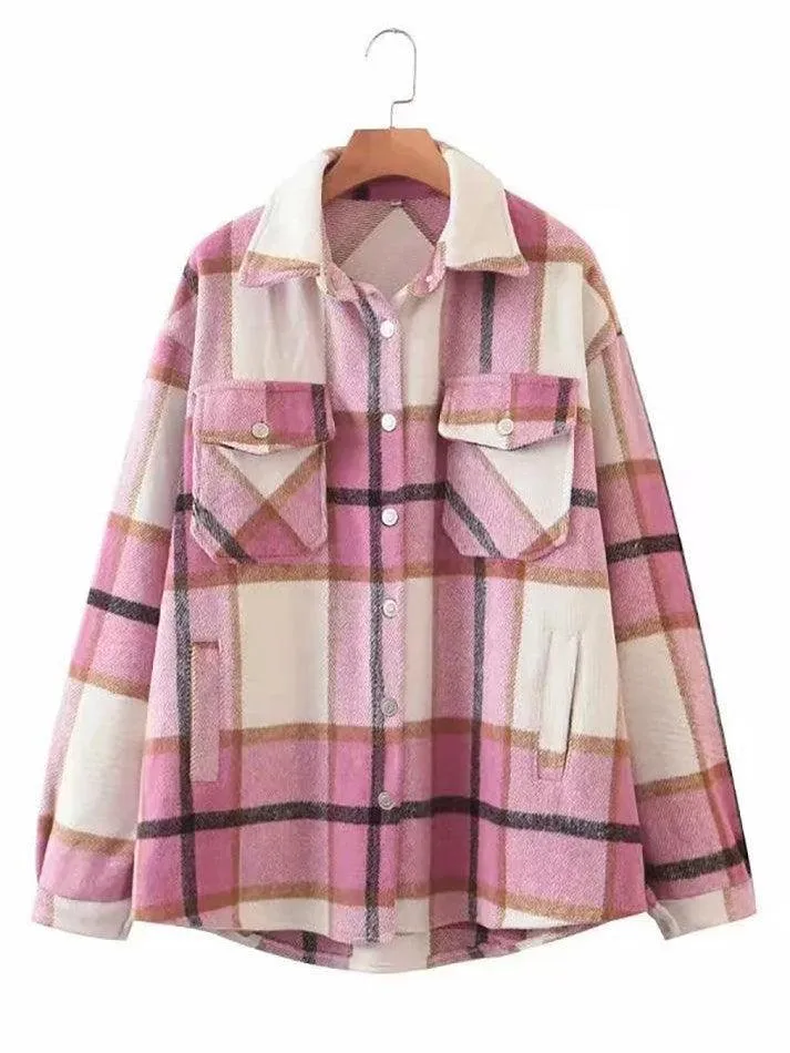 LANFUBEISI - Vintage Pockets Oversized Plaid Shacket