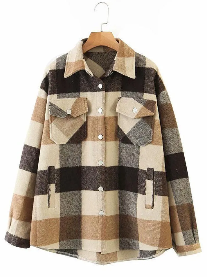 LANFUBEISI - Vintage Pockets Oversized Plaid Shacket