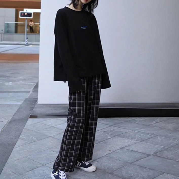 Letter Embroidery Sweatshirt   High Waist Plaid Pants